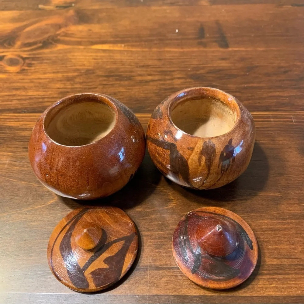 (2) Decorative Hand Carved Turned Wood Bowls with Finial Knob Lids from Haiti